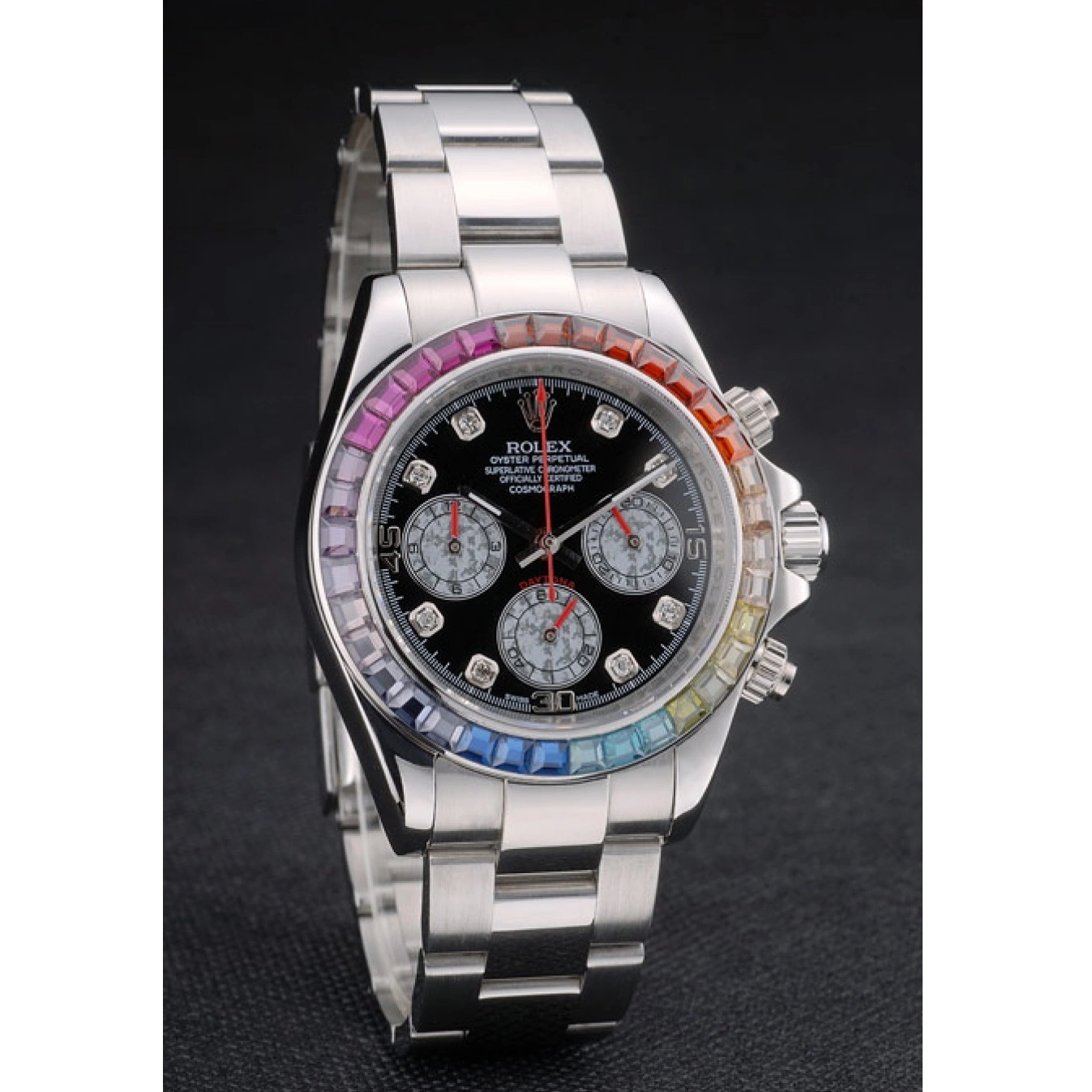 Aaa replica watch Daytona Stainless Bezel Rolex Strap Dial Cosmograph 80250 Crystals Black Rainbow Steep 0612